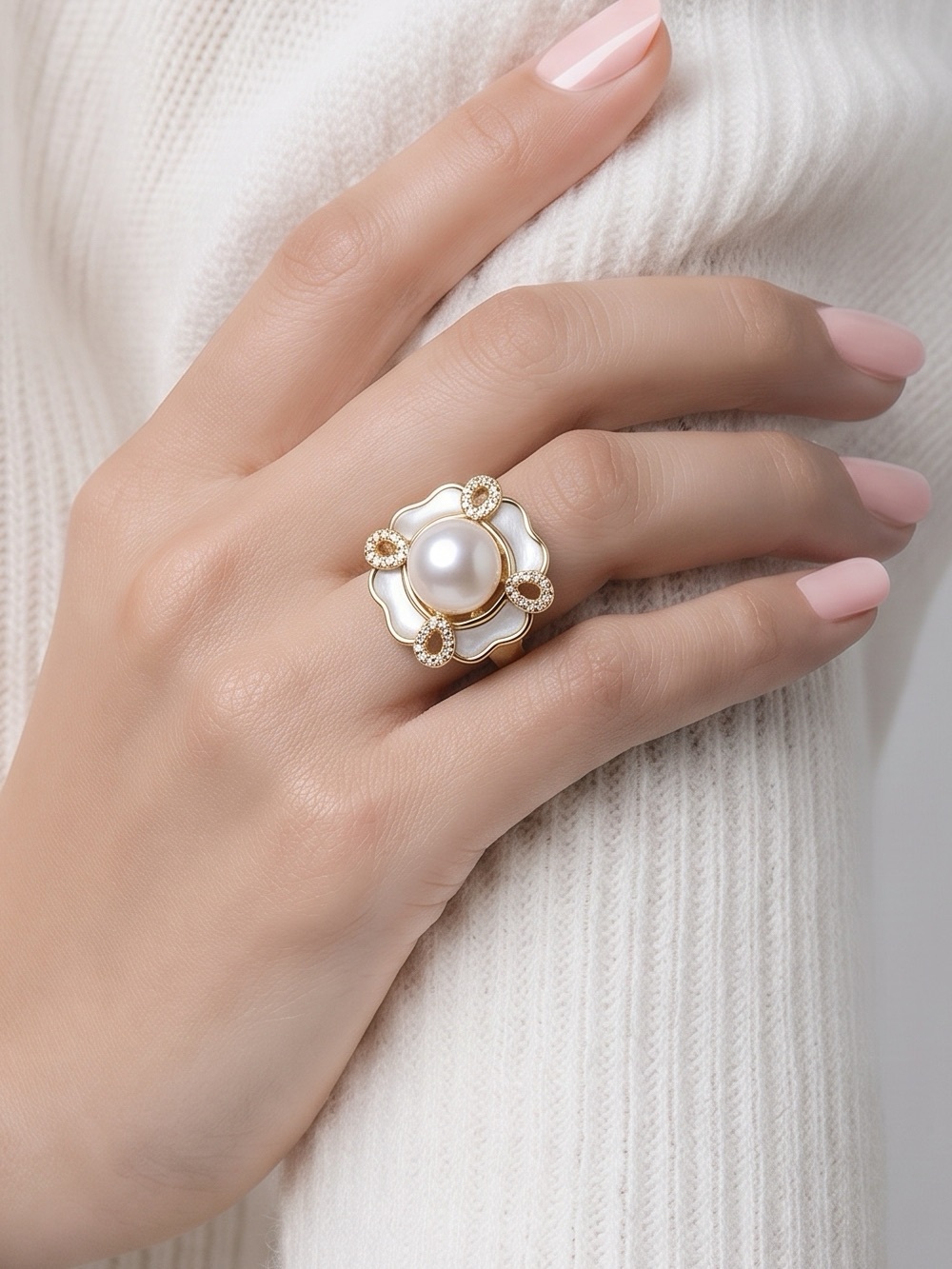 9.6mm Akoya Pearl Ring 14K Gold Over 925 Silver Floral Design
